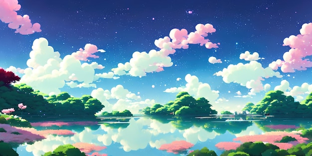 Natürliche Anime-Landschaft mit hellem Himmel und saftigen Farben