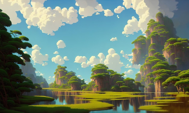 Natürliche Anime-Landschaft mit hellem Himmel und saftigen Farben