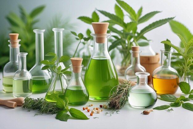 Natürliche Arzneimittelforschung Natürliche organische und wissenschaftliche Extraktion in Glaswaren Alternative grüne Kräutermedizin Natürliche Hautpflege- und Schönheitsprodukte Labor- und Entwicklungskonzept