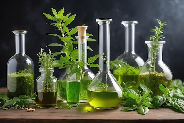 Natürliche Arzneimittelforschung Natürliche organische und wissenschaftliche Extraktion in Glaswaren Alternative grüne Kräutermedizin Natürliche Hautpflege- und Schönheitsprodukte Labor- und Entwicklungskonzept