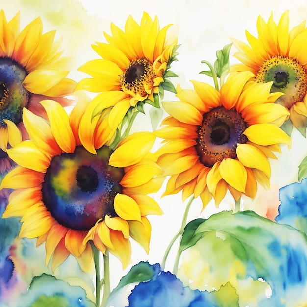 Natürliche awesome abstrakte botanische mehrfarbige Sonnenblumen Malerei auf Papier HD Aquarell Bild