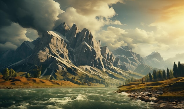 Natürliche Berglandschaft Flussfluss zwischen den Bergen an einem Sommertag Selektiver weicher Fokus