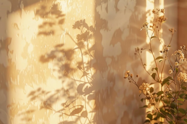 Natürliche Blumenschatten sind bei Sonnenaufgang auf der hellbraunen und cremefarbenen Wand zu Hause verschwommen