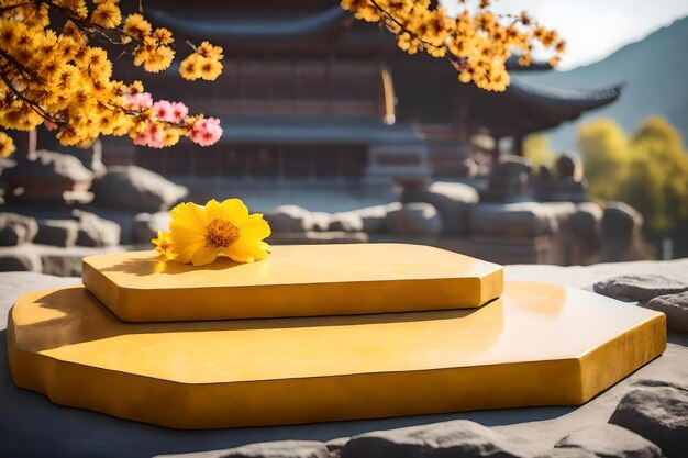 Natürliche flache gelbe Steinpodestlandschaft mit Sakura-Blume im Fotostudio