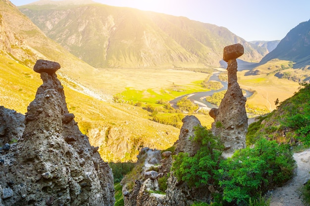 Natürliche Grenze Akkurum mit Felsformationen "Steinpilze" im Chulyshman River Valley, Altai-Gebirge, Sibirien, Russland