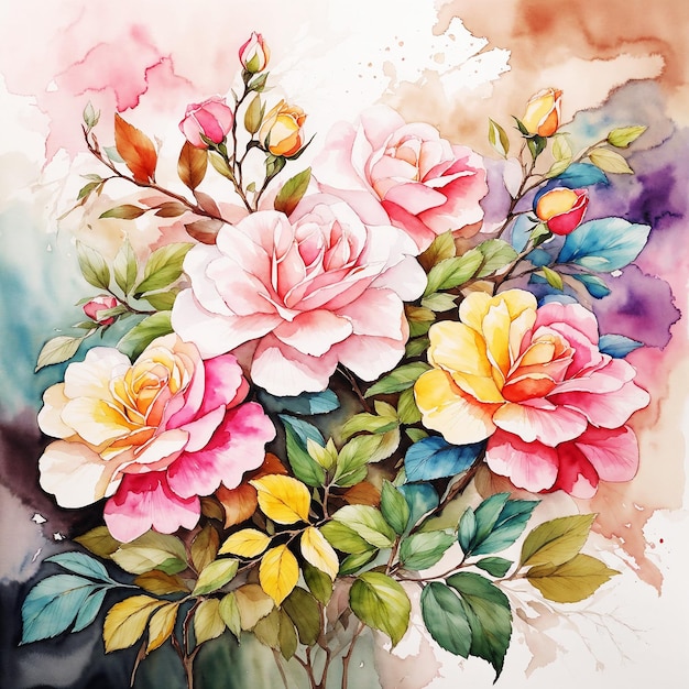Natürliche großartige botanische mehrfarbige Rosenmalerei HD Aquarellbild