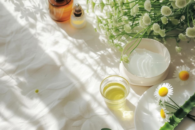 Natürliche Hautpflege-Zutaten Aloe Vera und Kamille im Sommer-Hintergrund Generative KI