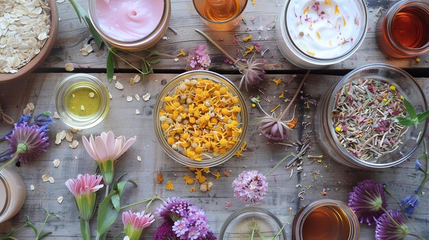 Natürliche Hautpflege-Zutaten auf einem Holztisch Verschiedene Blumen Kräuter und Öle sind um eine Schüssel mit Kamillblumen herum angeordnet