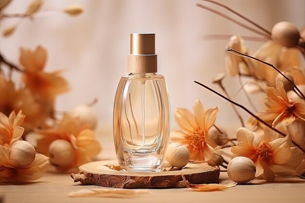 Natürliche Hautpflegeflasche mit Herbstmotiv auf einer Holzoberfläche mit Blumen und Blättern