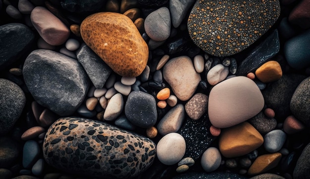 Natürliche Kiesel Textur Meer Steine launisch Hintergrund Zen Sommer Strand Vollbild Generieren Sie Ai
