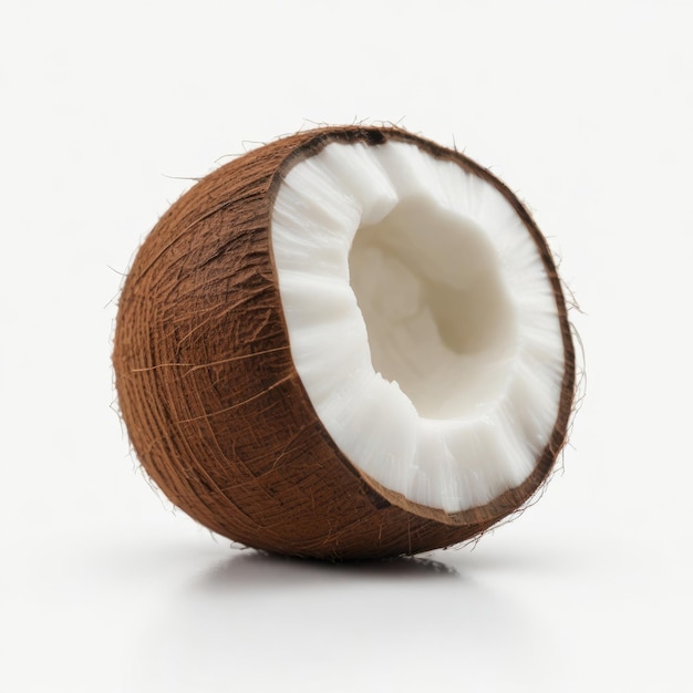 Foto natürliche kokosnuss auf weißem hintergrund mit zellfleisch