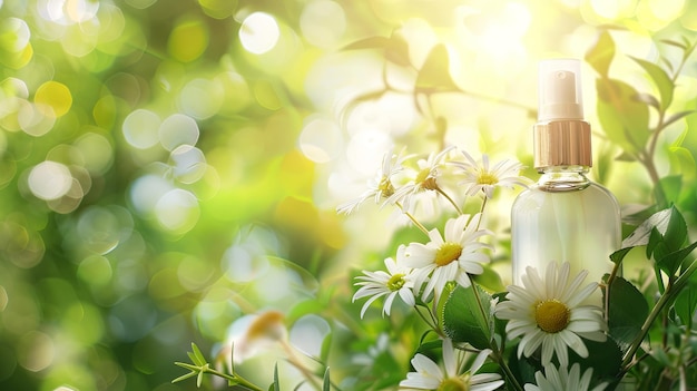 natürliche Kosmetika Glasflasche Öl in Gänseblümchen sonniger Hintergrund Kopierraum