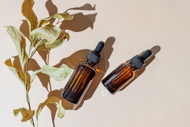 Natürliche Kosmetika in Glasflaschen mit Tropfer auf einem beigefarbenen Hintergrund mit trockenen Zweigen Das Konzept der natürlichen Kosmetika natürliches ätherisches Öl