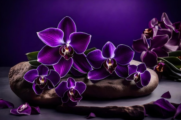 Natürliche kubische lila Steinkosmetik-Podiumskomposition mit getrockneter Orchidee im Fotostudio