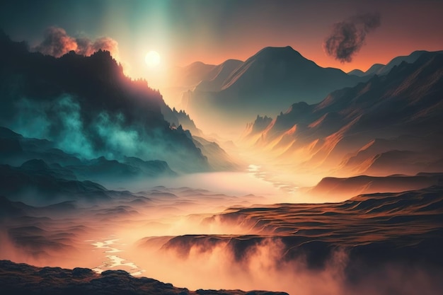 Natürliche Landschaft in den Bergen mit farbenfrohem Nebel KI