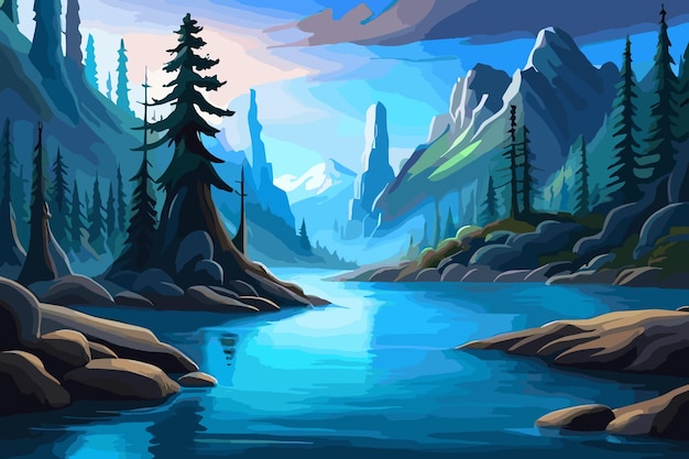 Natürliche Landschaft mit einem Fluss und Bergen, Kiefernwald, Vektorillustration, blaue Atmosphäre