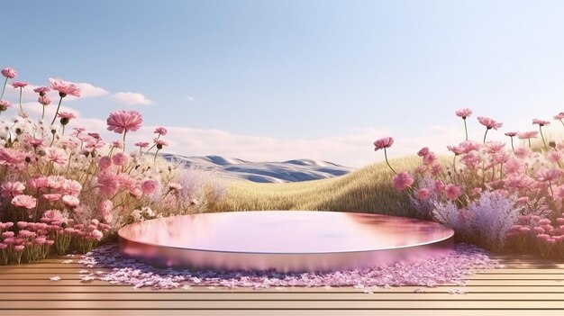 Natürliche Landschaft Podium Hintergrund mit rosa Frühlingsblumen Hintergrund