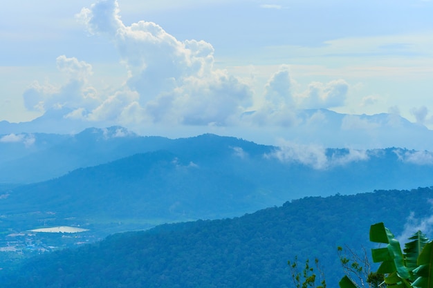 Natürliche Landschaft. Tropische Insel in Malaysia. Blick auf die Natur des Bergdschungels vom hohen Standpunkt aus.