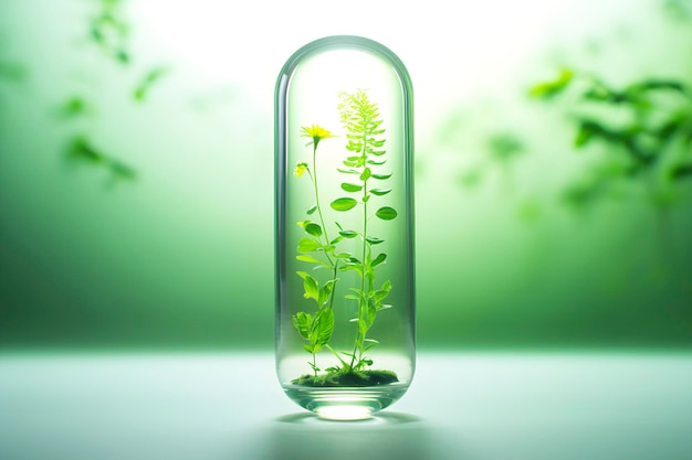Natürliche medizinische Ergänzungen Konzept Pille Kapsel auf dem Hintergrund von grünen Blättern KI generiert