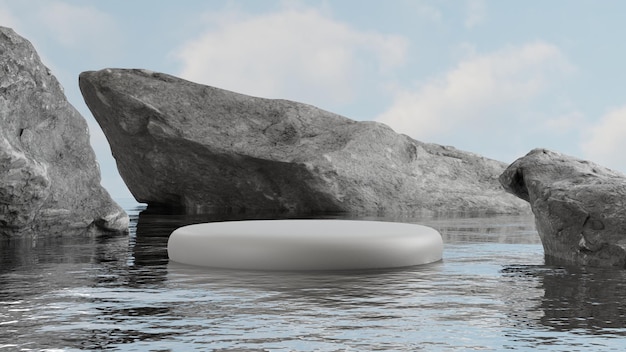 natürliche podiumsanzeige auf wasser mit felsen, leerer minimaler sockel für produktpräsentation, 3d-render