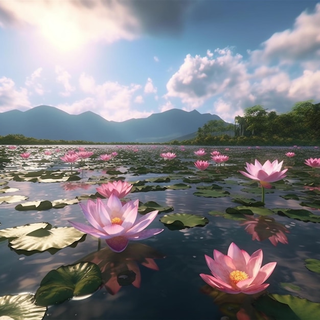 Natürliche rosa Lotusblume, frische grüne Blätter, Wasserteich-Tapete, AI-generierte Kunst