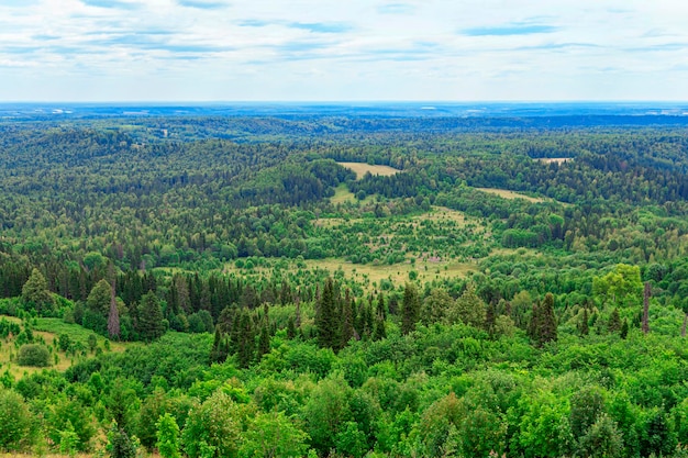 Natürliche schöne Landschaft. Blick vom Berg auf Waldtäler gegen blauen bewölkten Himmel. Nationalpark, geschichtete Hügel. Aussichtspunkt. Laub- und Nadelwald.