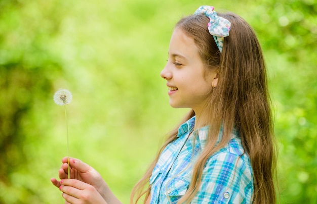 Natürliche Schönheit Glück der Kindheit Sommerferien Rancho und Land glückliches Kind halten Blowball kleines Mädchen und mit Taraxacum Blume Löwenzahn Frühlingsferien Frauentag Neues grünes Leben