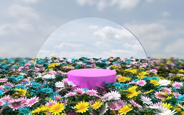 Natürliche Schönheit Podium Kulisse mit Blumenfeld 3D-Rendering