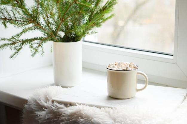 Natürliche Tannenzweige als Weihnachtsbaum auf winterlicher gemütlicher Fensterbank mit Kissen und Fellhaut