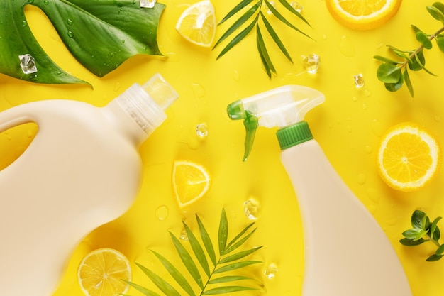 Natürliche Waschmittelflaschen mit grünen Blättern und Zitronenscheiben