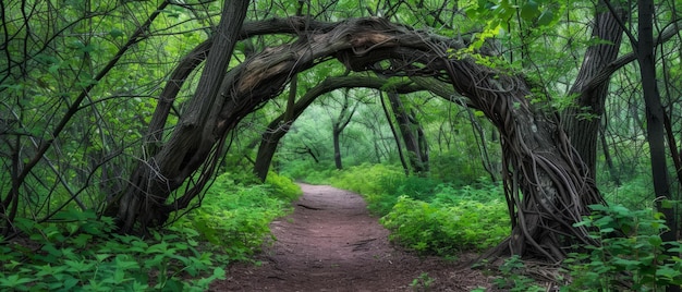 Natürlicher Bogen, der von Zweigen im Wald geformt wird