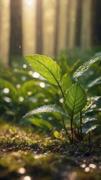 Natürlicher Bokeh-Hintergrund mit Waldpflanzen und Tau