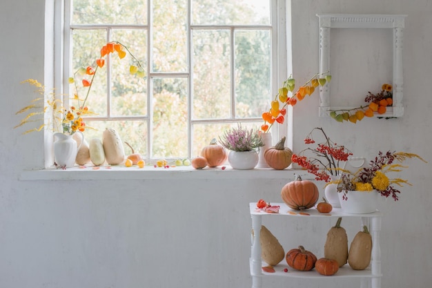 Natürlicher Herbstdekor mit Kürbisen und Vogelbeeren auf weißem Hintergrund