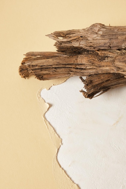 Natürlicher Hintergrund für Kosmetikprodukte aus Treibholz und zerrissenem beigefarbenem Papier, kreativer Hintergrund für Ihr Öko-Produkt