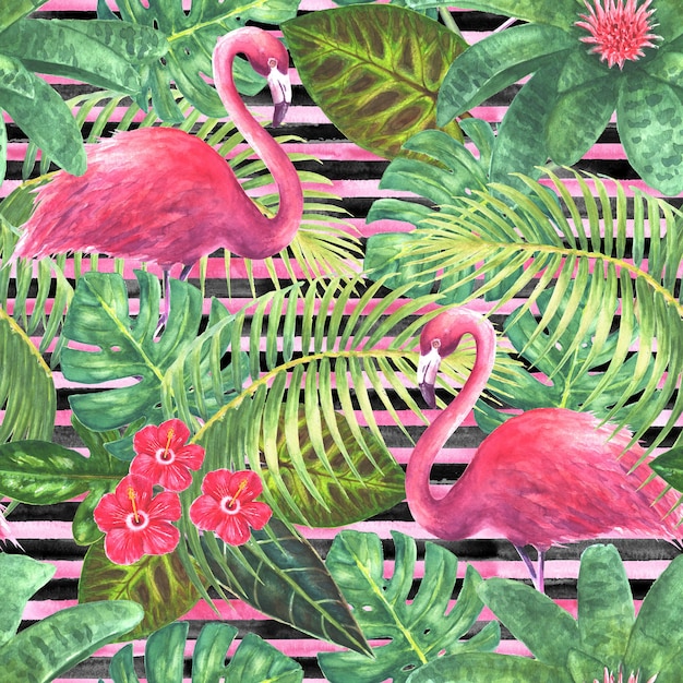 Natürlicher hintergrund tropische exotische rosa flamingos grüne blätter zweige und helle blumen auf vertikal gestreiften schwarzen und rosa hintergrund aquarell handgezeichnete illustration nahtloses muster