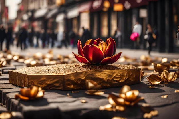 Natürlicher kubischer goldener Fels-Kosmetik-Podium-Hintergrund mit getrockneter Tulpe auf der Straße