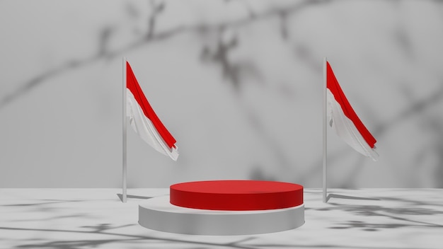 natürlicher minimaler weißer sockel oder podium mit indonesischer flagge, leere plattform 3d für produktpräsentation