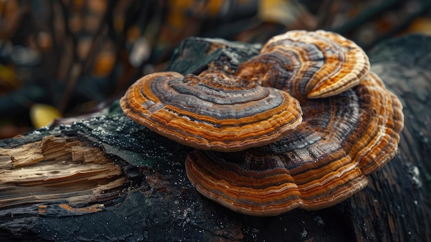 Foto natürlicher reishi- oder lingzhi-pilz, der auf alter rinde wächst