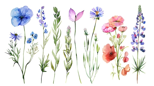 Natürliches Aquarell-Set mit ungezähmten Wildblumen