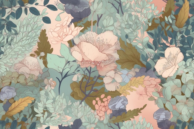 Natürliches botanisches elegantes Blumendruckmuster schöne Fantasieweinlesetapete Farbenfroher hübscher Retrostil Generierte AI