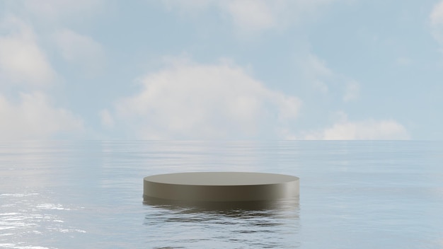 natürliches leeres Podium auf dem Wasser, grauer Sockel für Produktpräsentation, leere Plattformanzeige, 3D-Render