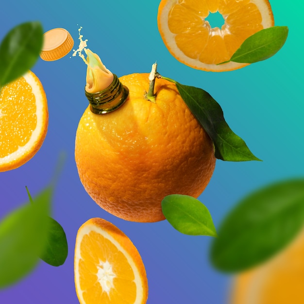 Foto natürliches orangensaft- und blättersortiment