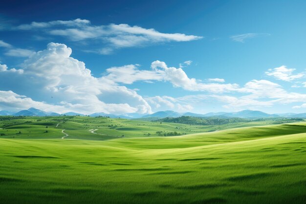 Natürliches Panorama Greenfield Panoramablick auf grüne Wiese und blauen Himmel mit Wolken Ai erzeugt