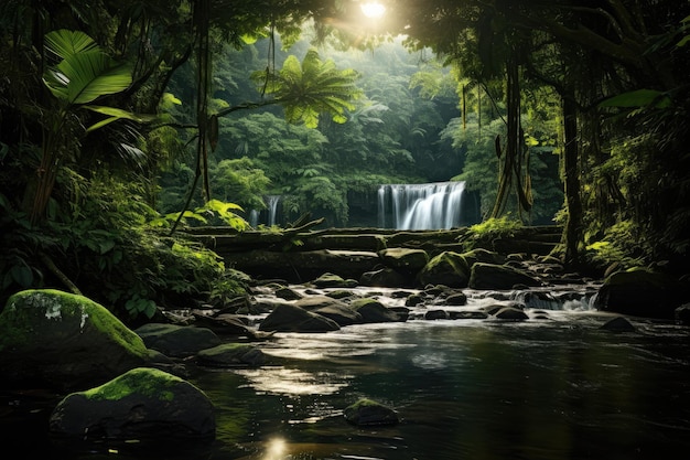 Natürliches Podium im Dschungelwald mit Hintergrund von Wasserfall und Flussstrom