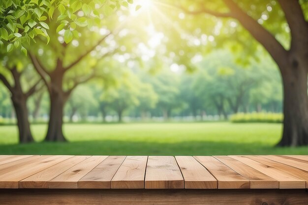 Natur-Hintergrund Holz-Tisch für Lebensmittel- und Produktausstellung über verschwommenem grünem Baumgarten Schwäche-Park-Natur-Außen- und Holz-Tische mit Bokeh-Licht-Hintergrunde im Frühling und Sommer