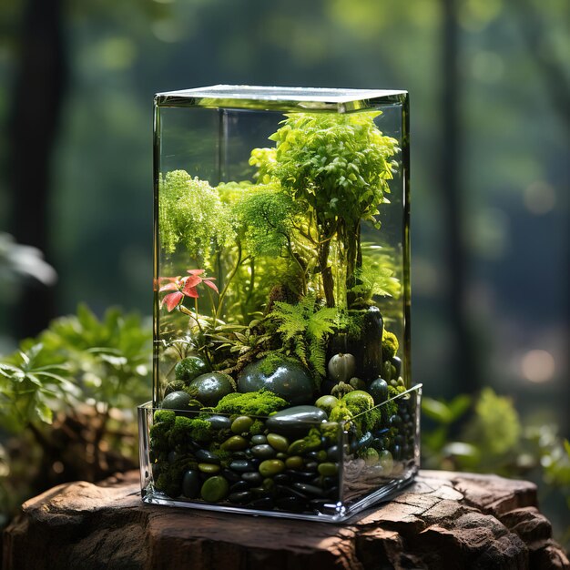 Foto natur in miniatur ein wald in einem glaswürfel