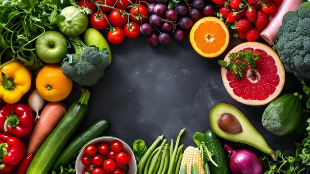 Foto natur palette reichhaltige auswahl an frischem obst und gemüse in lebendiger ausstellung