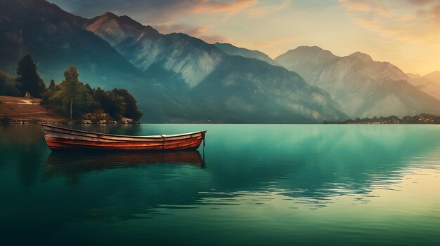 Natur rustikales See-Boot-Wandpapier Wasser-Reflexion leeres Boot