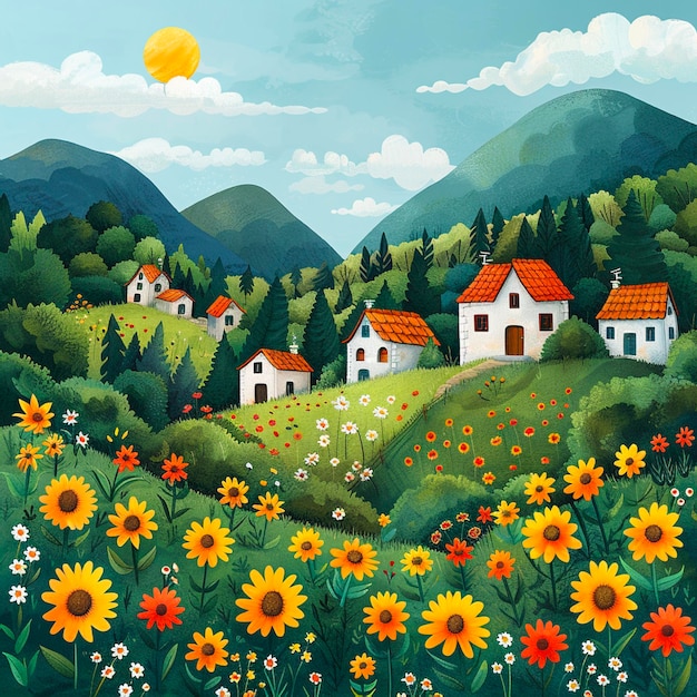 Natur Schöne Illustration der Landschaft Dorf Landschaft Wiese Feld von Blumen und Bergen