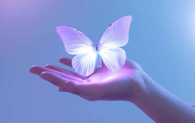 Natur und Kunst Ein lila-weißer Schmetterling auf einem leuchtenden Bühnenlicht